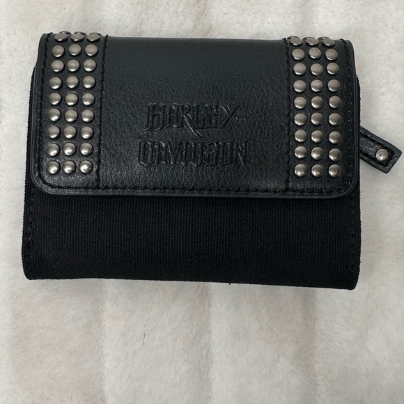 Harley-Davidson Handbags - Harley- Davidson ❤️ Black leather & canvas studded tri fold wallet